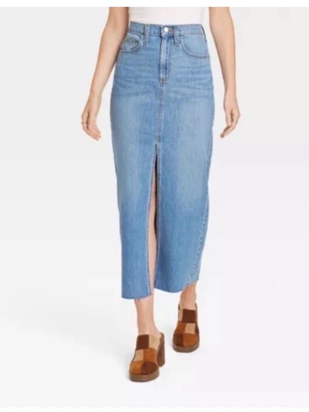 Universal Thread Light Blue Denim Straight Midi Skirt with Front Slit